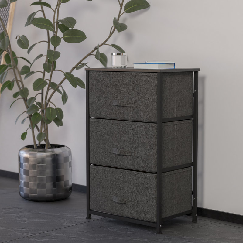 Colne 3 Drawer Vertical Storage Dresser with Wood Top & Fabric Pull Drawers, Black/Dark Gray