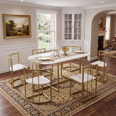 Ensemble de table de salle à manger moderne pour 6 personnes, table compacte en faux marbre avec chaises, structure en fer élégant TopMAX