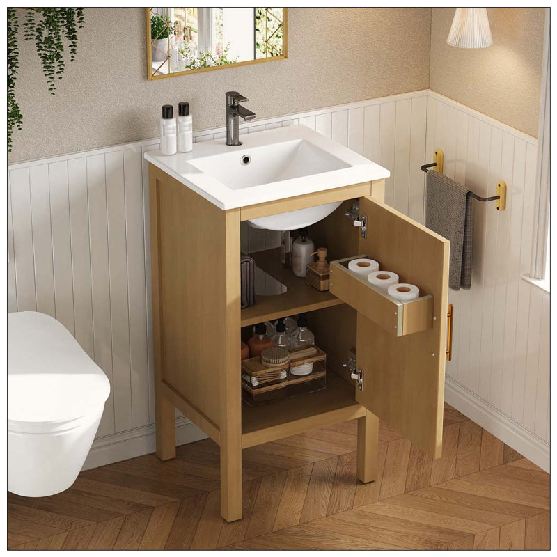 Armoire de salle de bain 18 po avec rangement, solution pour petit espace avec lavabo en céramique, tablette réglable