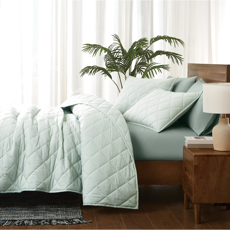 Ensemble de courtepointe Brooklyn Loom Pinstripe, Courtepointe pour lit simple + 1 taie décorative , Blanc / sauge