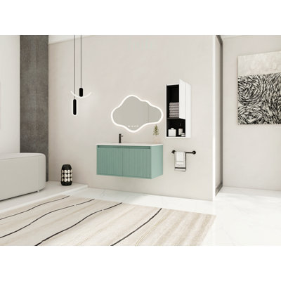 Meuble-lavabo suspendu de 91 cm (36 po) avec lavabo en résine en forme de goutte et armoire latérale, portes à fermeture en douceur pour salles de bains modernes