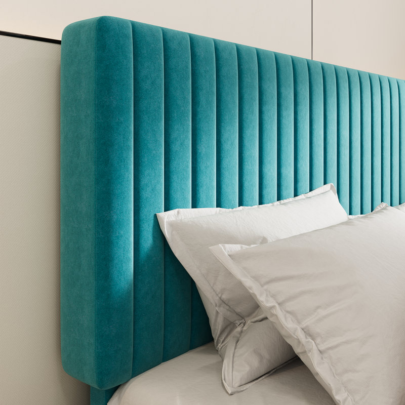 Lit plateforme tapissier en velours avec tête de lit capitonnée verticale ajustable, Sarcelle, Double