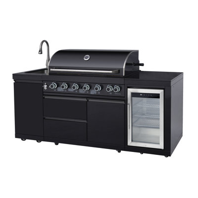 Outdoor Kitchen Barbecue Island With 6 - Burner 85000 Grill, Stainless Steel Sink, Storage Cabinet, And Wine Cooler, Black, American Design, 304 Marine Grade Stainless, 684 Sq. In. Cooking Space,