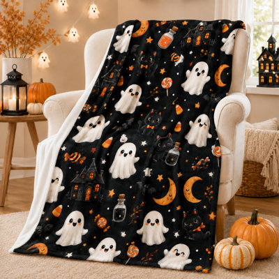 Haunted Night Halloween Blanket with Ghosts, Black Cats, Haunted Houses, Moons and Candy, Flannel Throw for Couch Bed and Cozy Spooky Fall Style, 50 x 60 in
