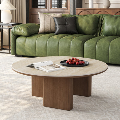 36'' Modern Round Coffee Table, With Faux Marble Top And Three Stable Legs