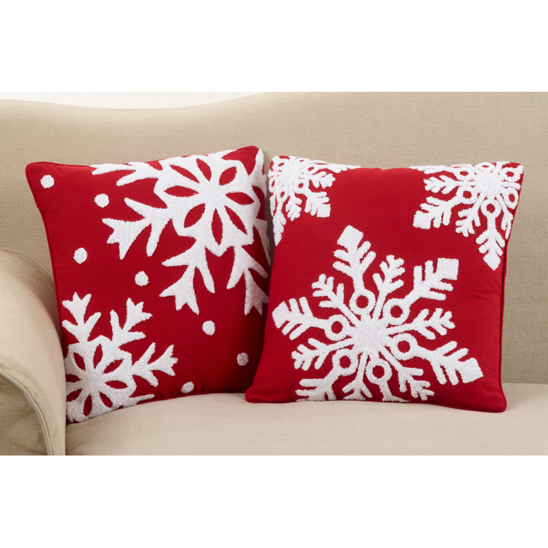 Red and White Snowflake Cotton Blend Square Pillow