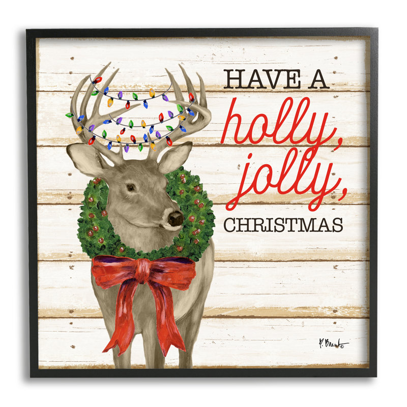«Holly Jolly Christmas Deer On Wood» par Paul Brent, reproduction, H 17 po x l 17 po x P 1,5 po, Giclée encadrée noir minuit