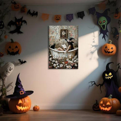 Rétro d'Halloween, affiche de sorcière, livre de lecture dans une baignoire, art mural, chat noir, décor, fleurs sauvages gothiques, impressions sur toile, fantaisiste, bain de bulles, esthétique, pour salle de bain, chambre sans cadre