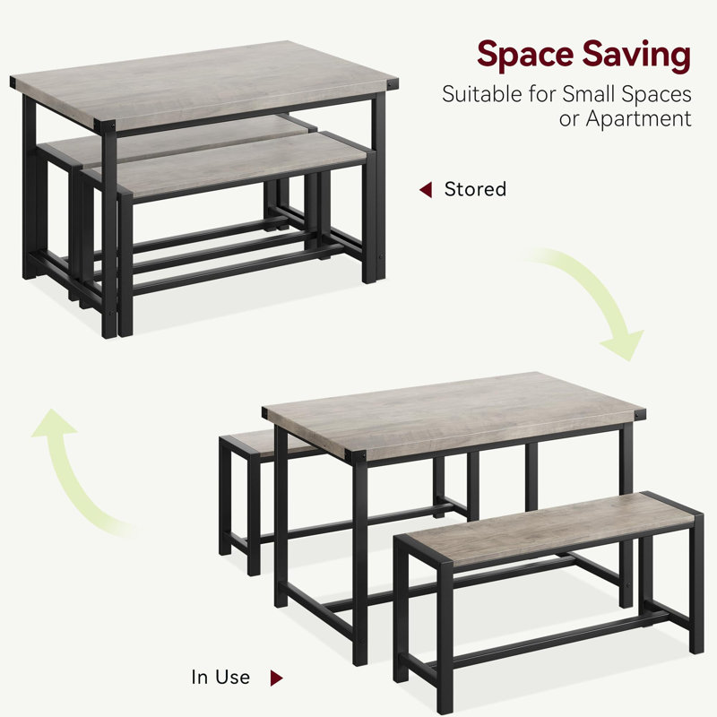 Gray Metal and MDF 3-Piece Dining Table Set with Upholstered Benches