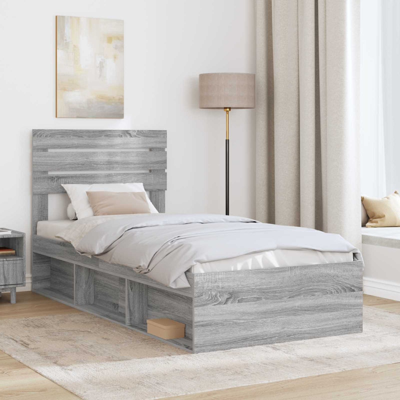 Solid Wood Bed, European Single (90 x 200 cm), Grey Sonoma