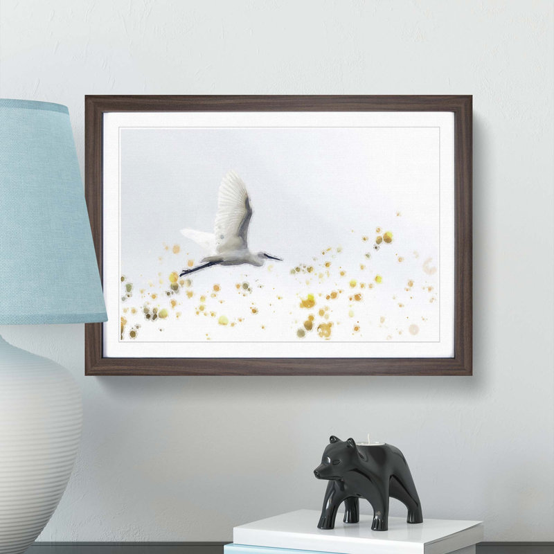 Great Egret Bird in Flight in Abstract - Picture Frame Painting Print, 48cm H x 65cm W x 2cm D, Walnut Framed