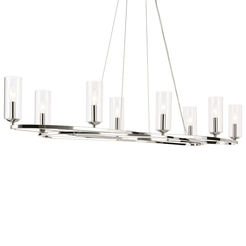 Curved Modern Chandelier with Clear Cylinder Glass, 8.75" H x 16.25" W x 52.5" D, Polished Nickel, 8