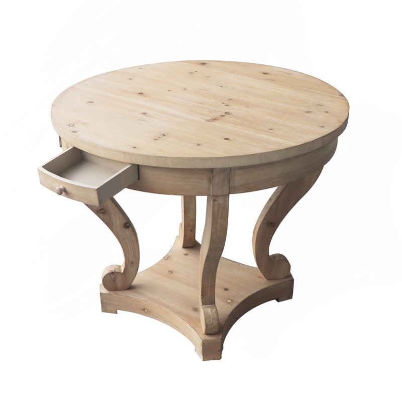Curved Legs Farmhouse Style Round Coffee Table with Distressed Wood Grain and Storage Drawers for Living Room, Beige