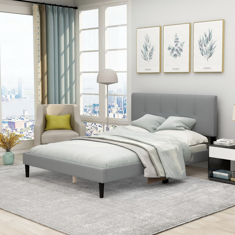 Lit plateforme tapissier Dinchen, Grand, Gris clair