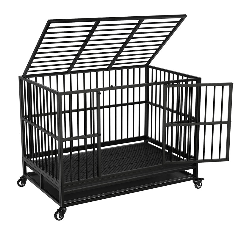 45.7W Rolling Dog Cage With Pull-Out Trays, Black
