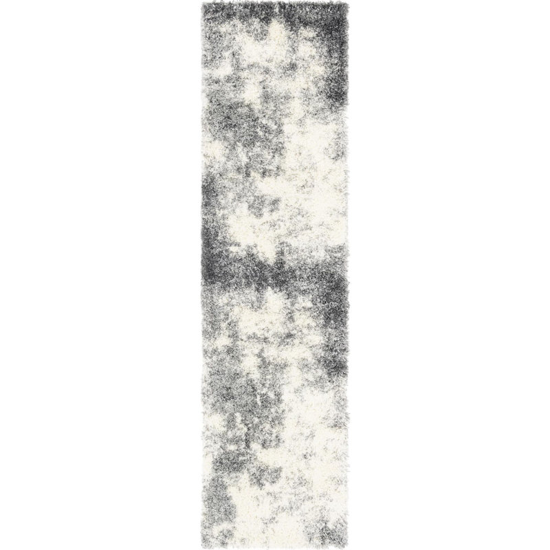 Tapis abstrait en polypropylène tissé à la machine en ivoire / gris, Tapis de couloir 2 pi 7 po x 10 pi