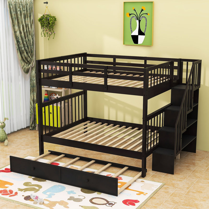 Full-Over-Full Bunk Bed With Storage, Twin Trundle, And Safety Guardrails, Espresso