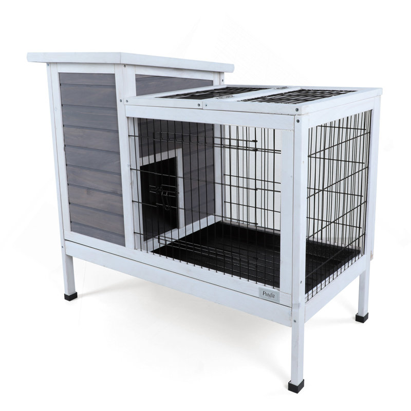 Cage à lapins en bois à deux niveaux pour l'intérieur pour petits animaux avec piste et plateau en plastique étanche, gris