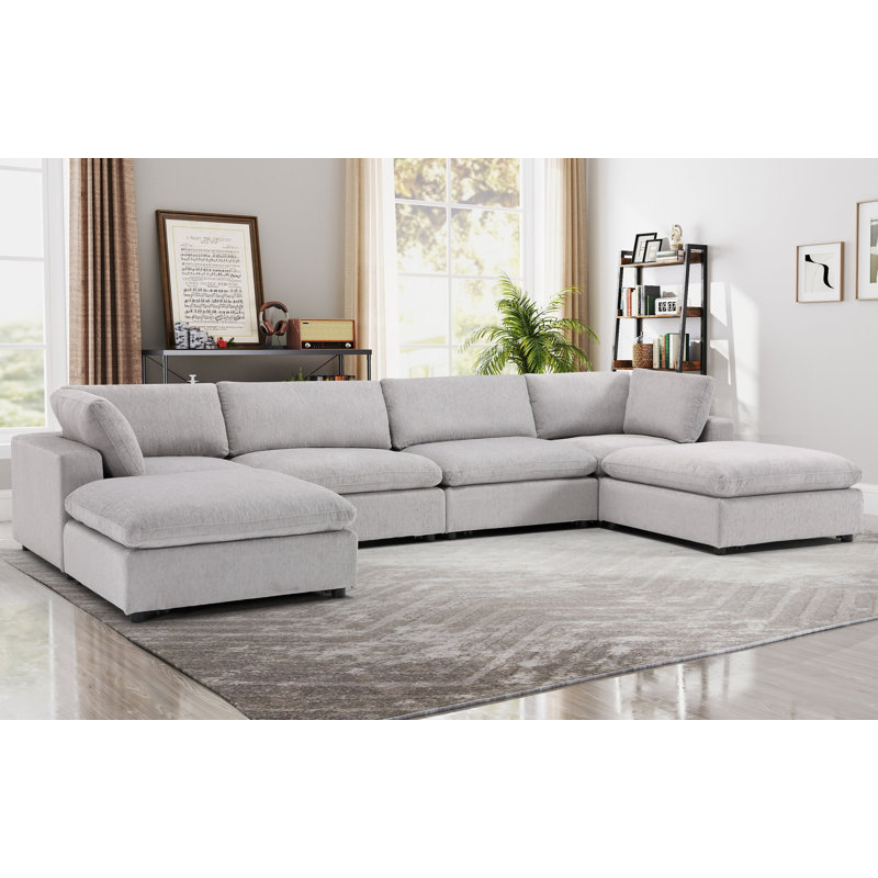 Zantos 6-Piece Upholstered Sectional with Ottomans, Light Gray, Fabric
