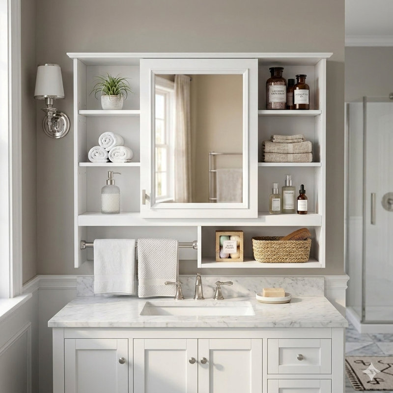 Armoire de salle de bain murale à miroir avec 5 tablettes réglables et barre à serviettes, armoire à pharmacie moderne au-dessus de l'évier pour le rangement, blanc