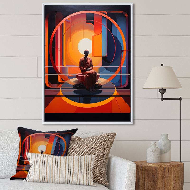 Orange, sarcelle, méditation, sérénade du Silence II - Portrait, reproduction d'art sur toile, Cadre flottant blanc