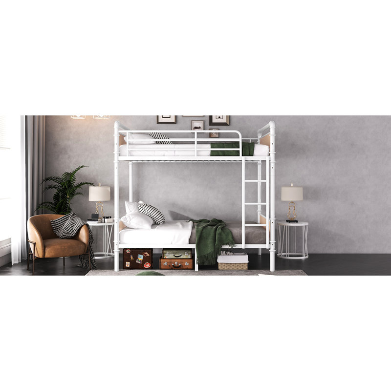 Lit superposé simple au dessus d'un lit simple en métal avec 3 marches, blanc, détachable et convertible, robuste, lit industriel blanc Idéal, chambres de garde-corps, surface lisse, rangement de 8,1 po, poids de 300 lb