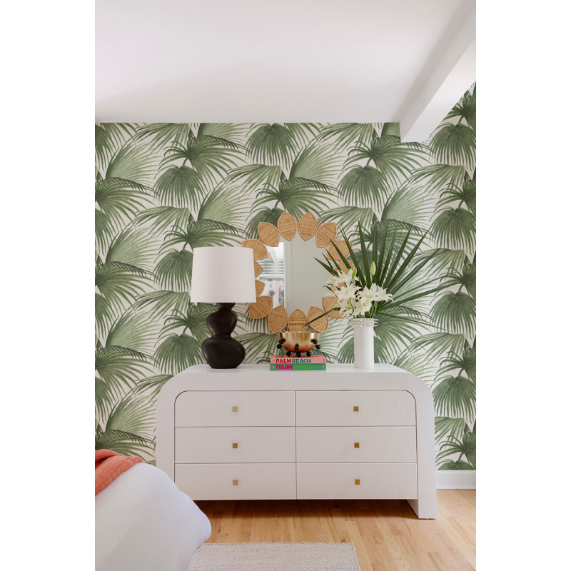 Pawley’s Island Palms Barely Wallpaper by Megan Molten, Black Linen, Faux Grasscloth