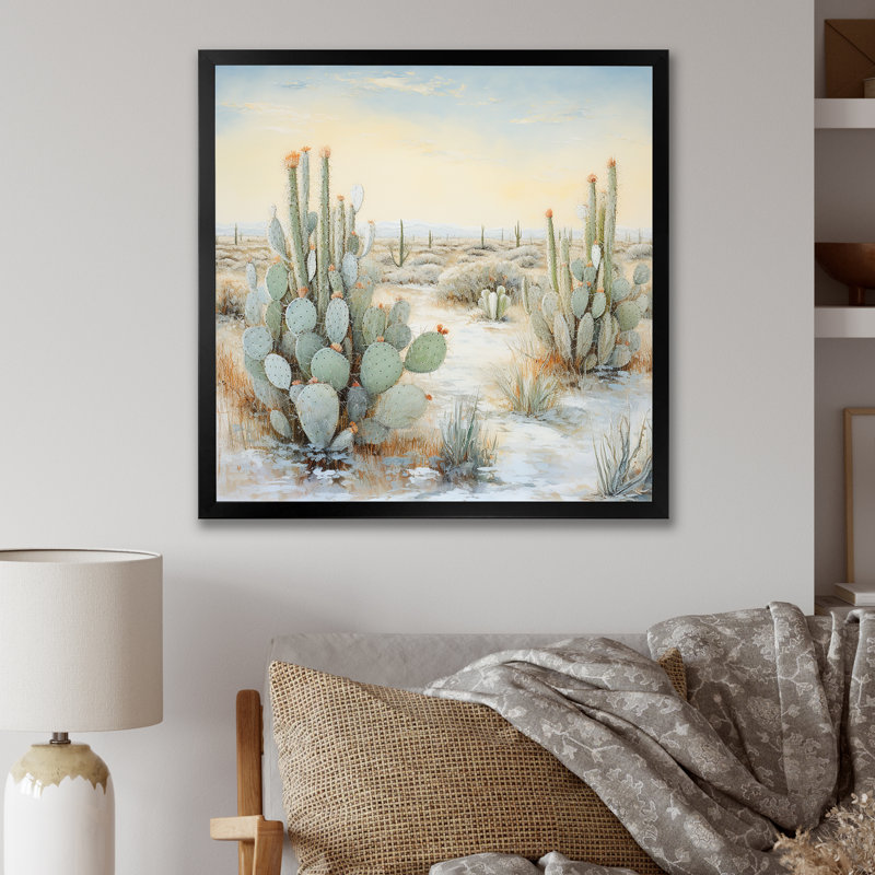 Cactus Charm In Winter I - Cactus Wall Art Living Room, H 36 po x l 36 po x P 1,5 po, Cadre simple noir