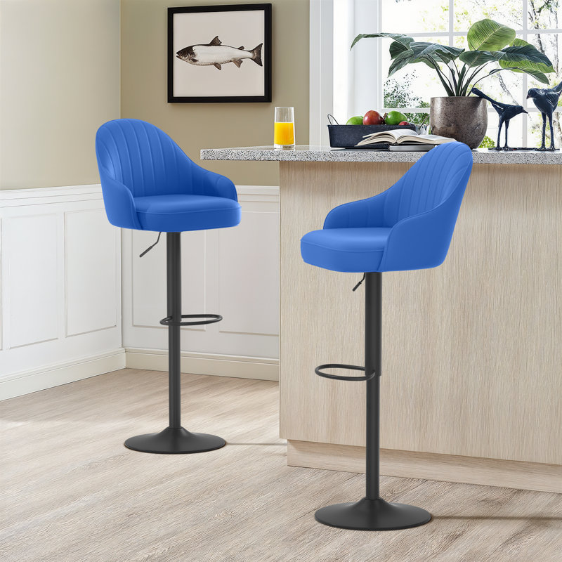PU Leather Swivel Modern Bar Stools, Adjustable Counter Height Barstools with Backrest and Footrest, Blue