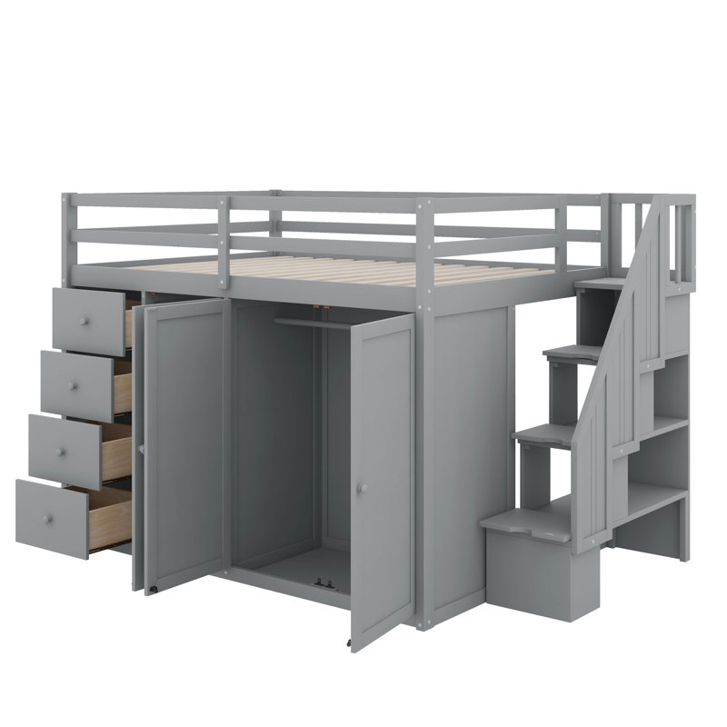 Lit mezzanine double en bois avec armoires, tiroirs et armoires, Gris