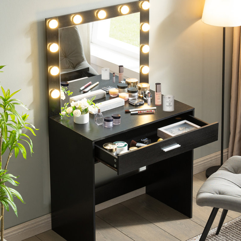 Elegant Black Vanity Desk with Mirror & Adjustable Lights, Large Drawer Dressing Table with 3 Modes