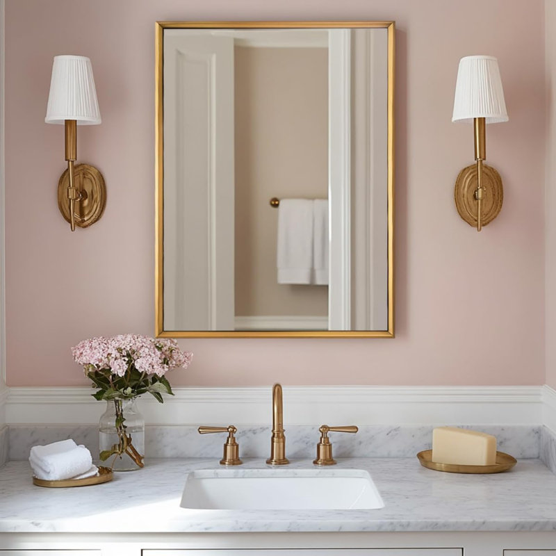 Modern Rectangular Bathroom Vanity Mirror with Beveled Edges | Stainless Steel Frame, 32" x 24", Brushed Gold