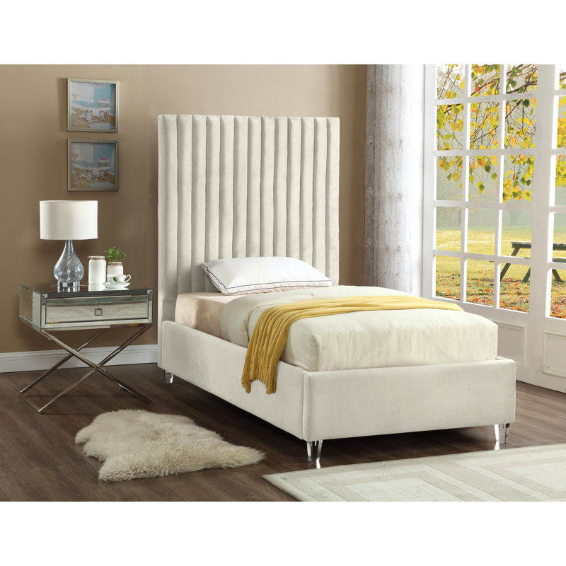 Upholstered Platform Bed, Twin, Cream Velvet