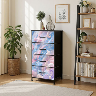 4 Drawer Vertical Storage Dresser Pastel Starry Dreamscape Crescent Moon Hanging Stars Pearls Candy with Wood Top Fabric Pull Drawers