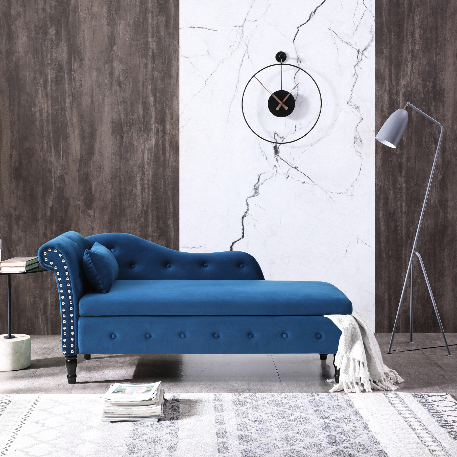 Mercer41 Blue Velvet 2 In 1 Chaise Lounge With Storage, Solid Wood Legs ...
