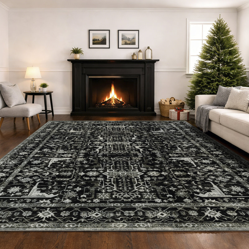 Machine Washable Vintage Oriental Area Rug Non-Slip Backing Black/Beige/Gray Indoor Carpet for Living Room, Bedroom, Hallway Runner