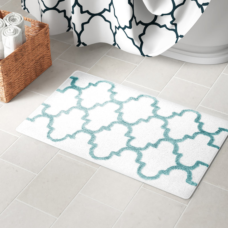 Anastatia Cotton Non-Slip Bath Rug, 34" x 21", White/Arctic Blue
