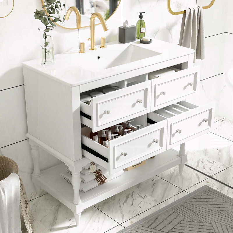 Meuble-lavabo de 36 po avec 4 tiroirs et structure en bois massif, White