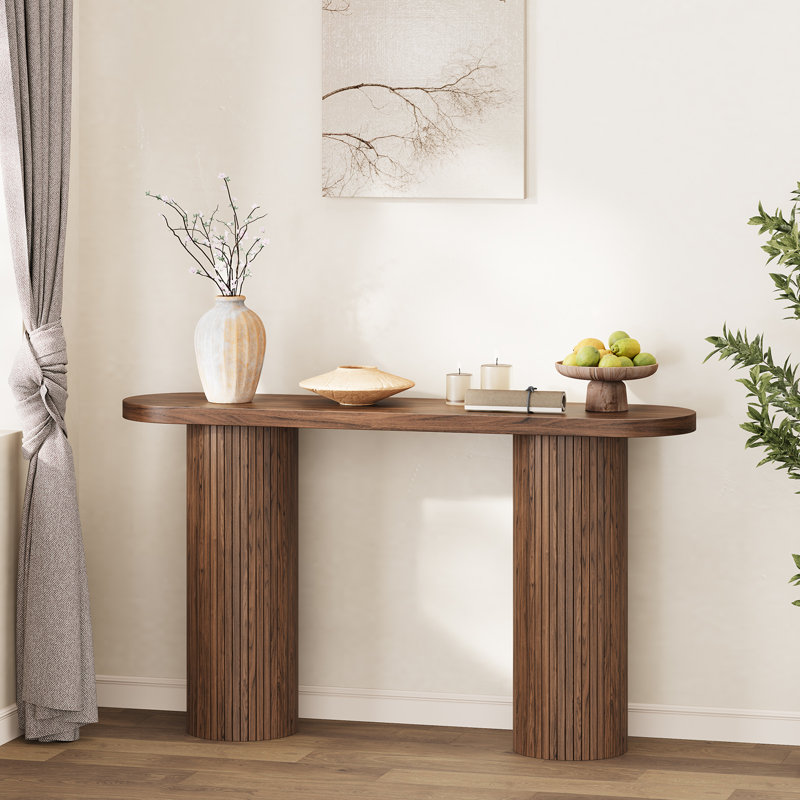 55'' Tambour Console Table With Oval Tabletop and Double Base For Living Room Hallway Foyer Entrance Study, Walnut