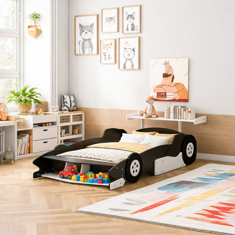 Lit plateforme double en forme de voiture de course avec roues, noir, Noir, Lit double