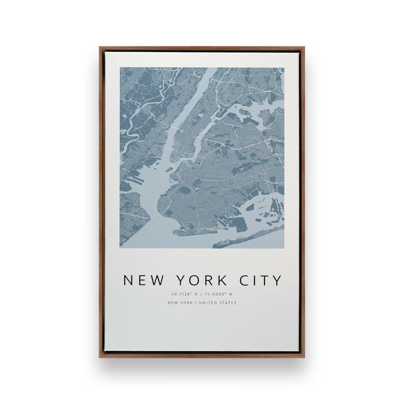 «New Your City Street Map», reproduction d'art sur toile, 20 po x 30 po, Cadre flottant en noyer