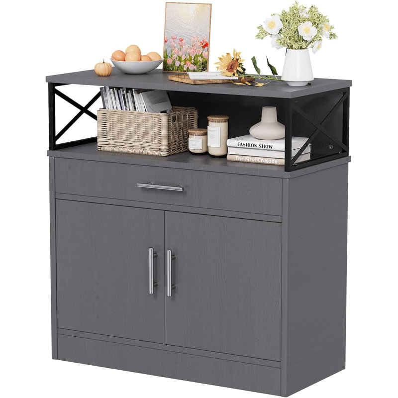 Buffet avec rangement, armoire de rangement de cuisine moderne de 32 po avec rangement ouvert, tablette réglable, table basse en bois de style café pour la cuisine, la salle à manger,