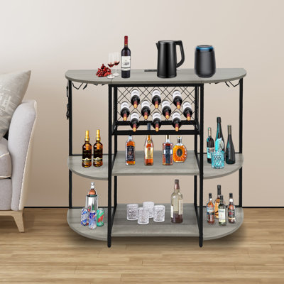 Home Bar Wine Rack Table, Gray Freestanding Bar Cabinet with RGB Remote‑Controlled LED Light, Built‑in 2 Outlets & 2 USB Ports, Wine & Glass Storage Station with Adjustable Feet for Living Room Kitchen
