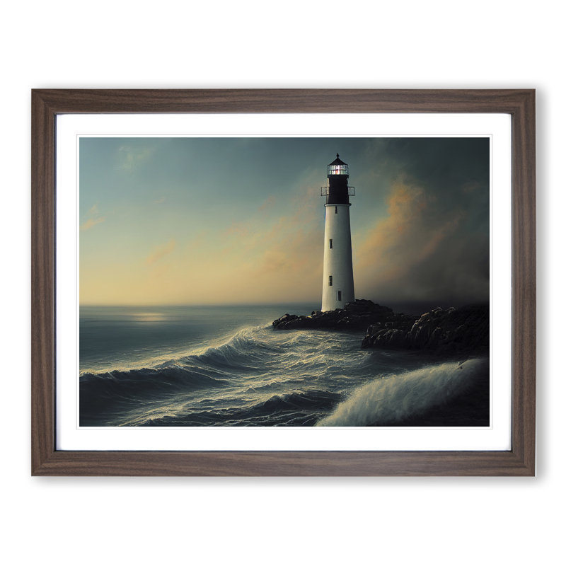 Shimmering Lighthouse Seascape - Framed Print, 25cm H x 34cm W x 2cm D, Walnut
