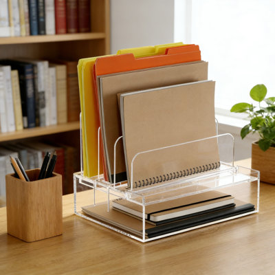 DINGHUO Acrylic Desk Organizer With 3 Vertical File Holders, Letter Size Paper Tray And File Folder Rack For Home Office Supplies Storage