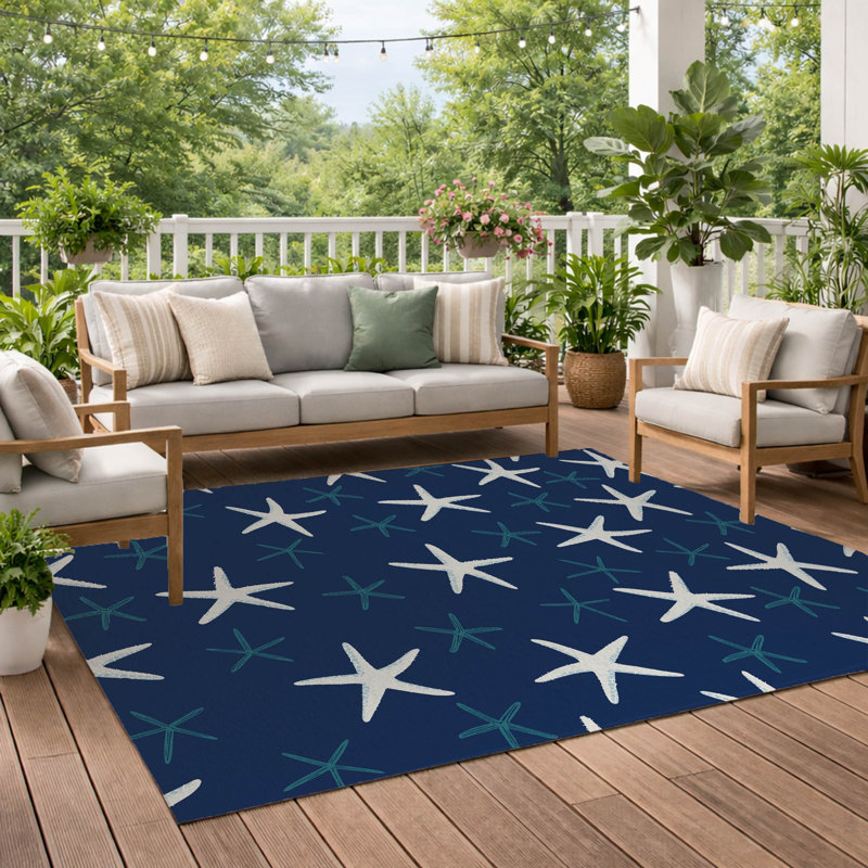 Starfish Decorative Outdoor Rug, Navy, Rectangle 5' x 7'