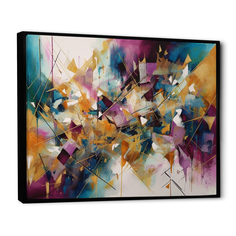 «Golden Explosion Triangles I», art abstrait sur toile géométrique, H 30 po x l 40 po x P 1,5 po, Cadre flottant noir