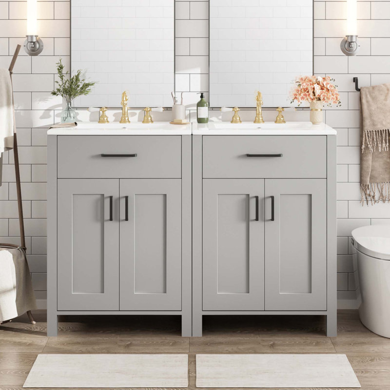 Meuble-lavabo moderne de 48 pouces avec lavabo en céramique, Gris