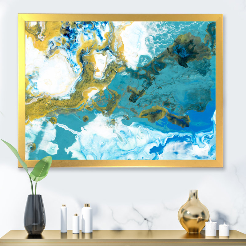 Bleu et blanc, vagues liquides IIII - Peinture sur toile, H 34 po x l 44 po x P 1,5 po, Cadre doré