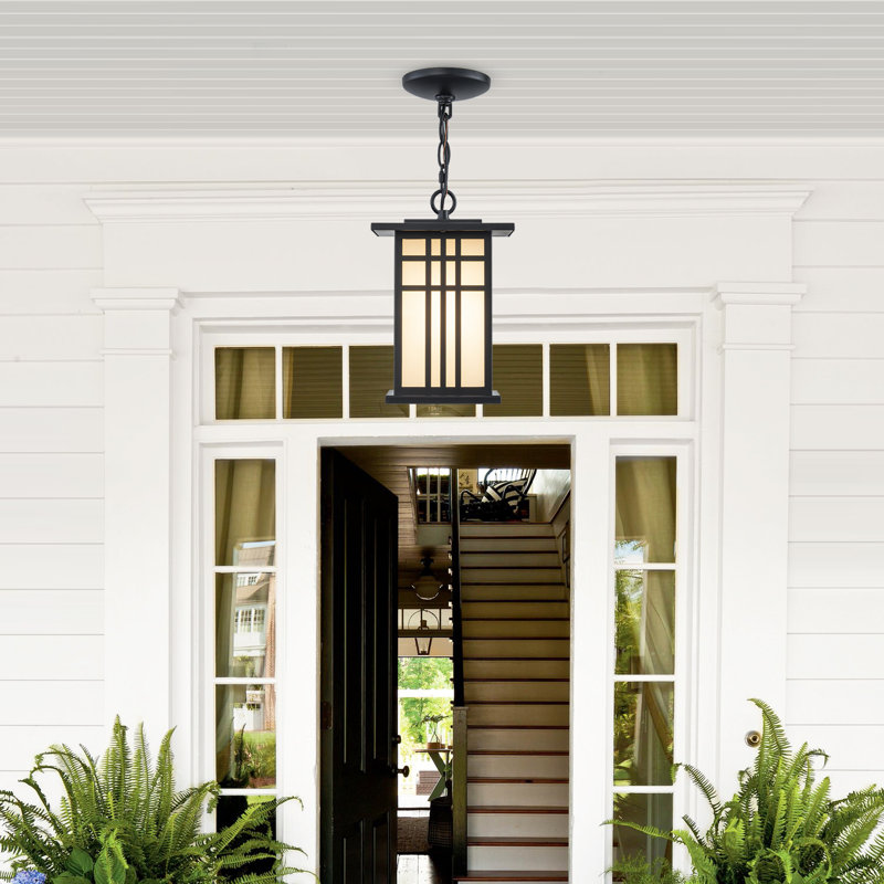 Craftsman Outdoor Hanging Lantern with White Glass, 1-Light Mission Style Pendant Light for Porch Patio, Adjustable Height 13.78"-92.13", ETL Listed, Matte Black Finish